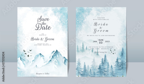 Wedding invitation template set with frozen landscape scene of mountains and pine forest card design concept