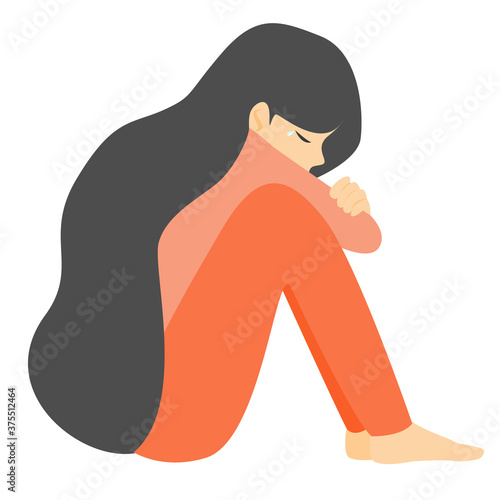 Sad girl sitting and crying alone on the floor vector.