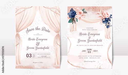 Elegant cards mockup with floral overlay shadows. Editable empty stationery card vector scene with flowers background
