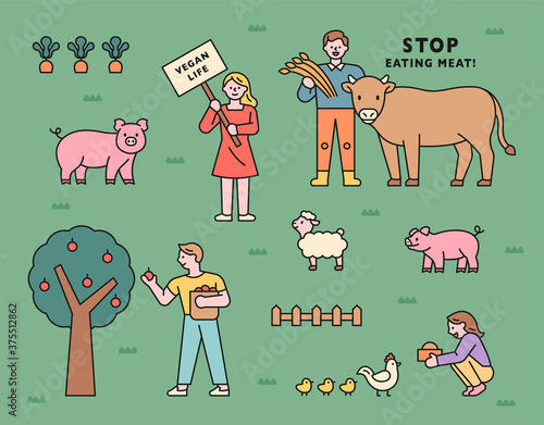 Vegetarians who protect farm animals. flat design style minimal vector illustration.
