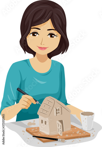 Teen Girl Making Clay House...