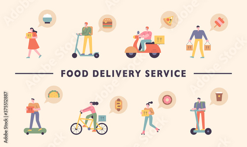 People are going to deliver or package food in a variety of ways. flat design style minimal vector illustration.