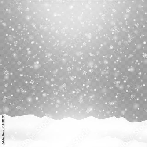 Realistic falling snow on transparent background. Snowflakes, snow background. Vector illustration