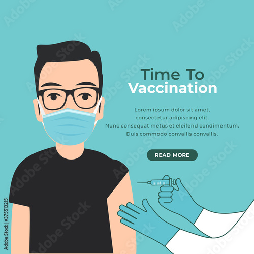 doctor hand injects the vaccine against the man patient. vector illustration