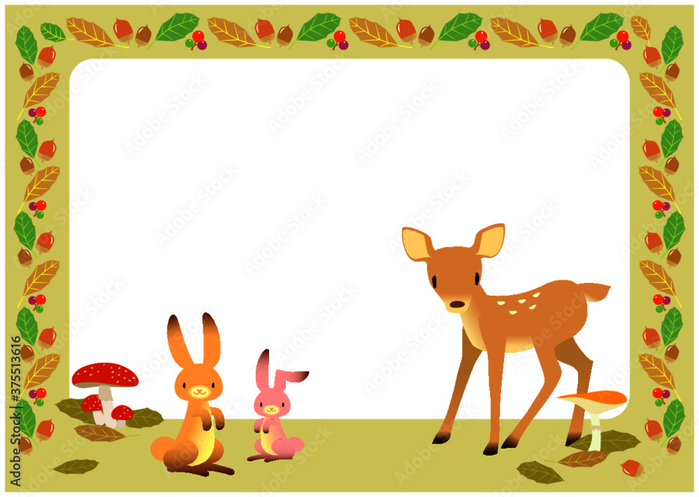 秋イメージの子鹿とウサギのフレーム
