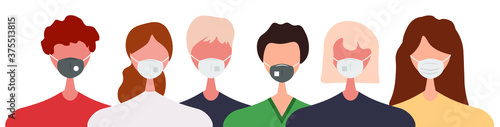 Different people wearing face masks isolated on white background. Man and women in respirators. Protection from coronavirus outbreak, pandemic prevention. Vector illustration in flat cartoon style