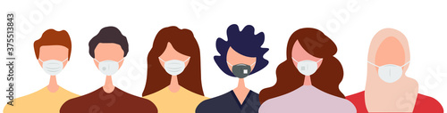 Different people wearing face masks isolated on white background. Man and women in respirators. Protection from coronavirus outbreak, pandemic prevention. Vector illustration in flat cartoon style