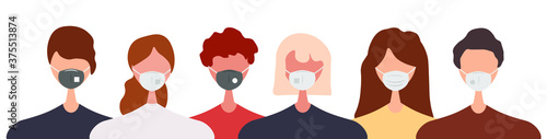 Different people wearing face masks isolated on white background. Man and women in respirators. Protection from coronavirus outbreak, pandemic prevention. Vector illustration in flat cartoon style