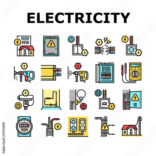 Electrical Installation Tool Icons Set Vector. Socket And Substation Automation Box Installation, Wall Chipping And Drilling For Wiring Color Contour Illustrations