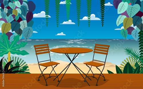 wood table and chair in cafe and restaurant with the beach background