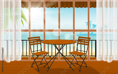wood table and chair in indoor cafe and restaurant with the beach background