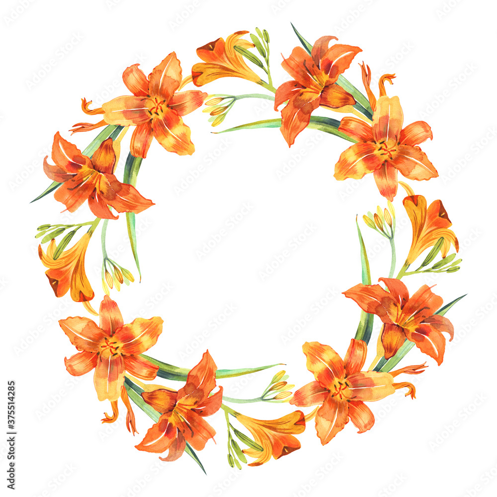 Flower background with orange lilies isolated on white background