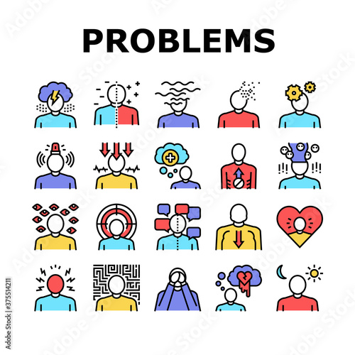 Psychological Problems Collection Icons Set Vector. Depression And Bipolar Disorder, Schizophrenia And Dementia, Autism And Stress Problems Color Contour Illustrations