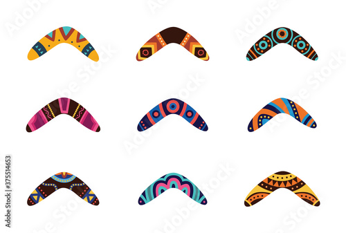 Australian aboriginal boomerang cartoon set, flat vector illustration isolated.