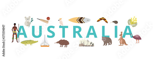 Travel to Australia banner with landmarks and native signs vector illustration.