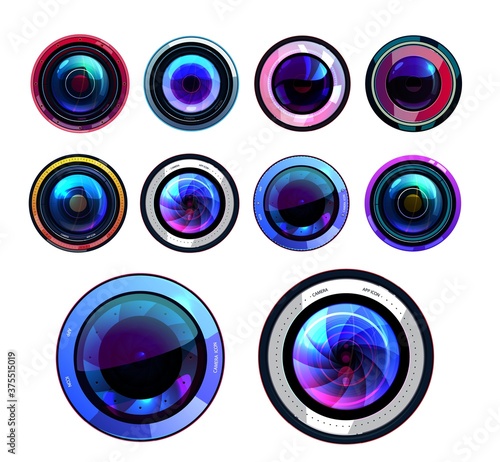 Camera lens isolated vector icons, 3d photo lenses aperture, cameras shutter focus, digital or film lens photocamera snap optics. Realistic objectives with flare, zoom symbols or ui round buttons set
