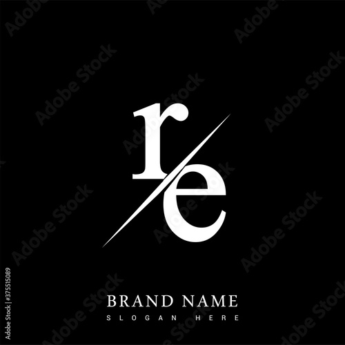 initial logo letter RE for company name black and white color and slash design. vector logotype for business and company identity.