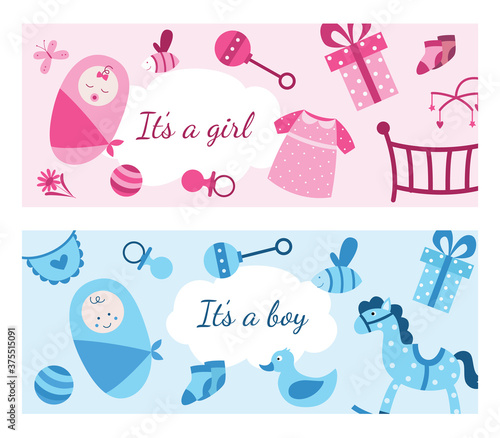 Baby girl and boy banner set in pink and blue colors, gender reveal card