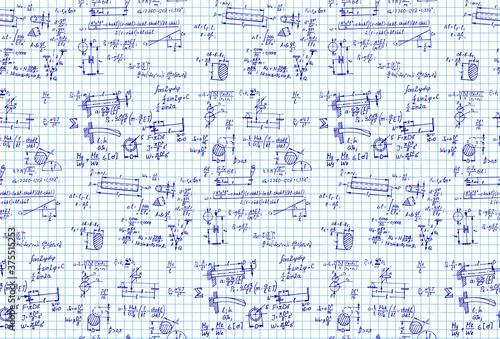 Classic physics seamless pattern with the equations  figures  schemes  plots and other calculations on workbook page. Vintage handwritten vector Illustration.