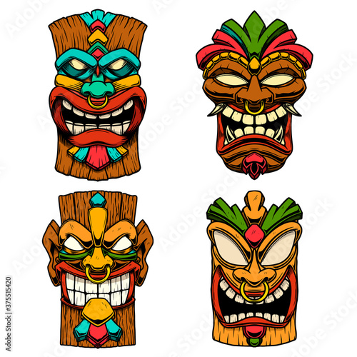 Сет of Illustrations of Tiki tribal wooden mask. Design element for logo, emblem, sign, poster, card, banner. Vector illustration