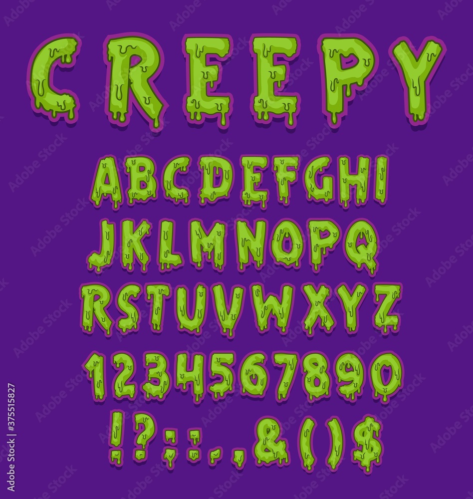 Creepy Halloween font of vector green slime type with capital letters and digits or numbers. Horror alphabet of spooky zombie monster or alien toxic goo with slimy drops and radioactive glow