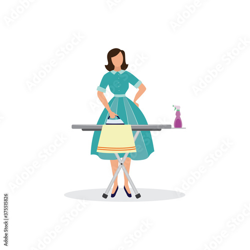 Cartoon woman ironing clothes - vintage lady in dress doing housework © sabelskaya