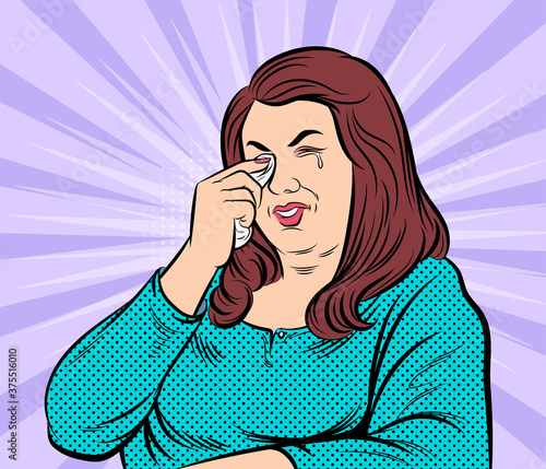 Fat woman crying, wiping her tears with a towel. Pop art vector illustration