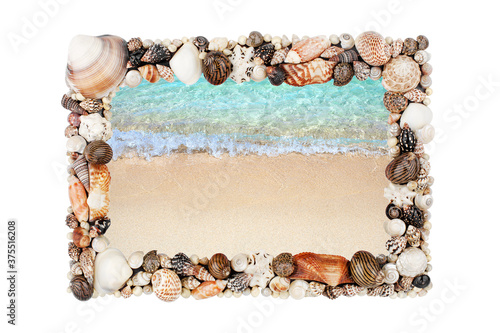 Sea shells frame white background isolated closeup seashells border, blue wave texture, sand beach, turquoise ocean water, summer holidays postcard, tropical island vacation, travel banner, copy space