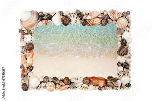 Sea shells frame white background isolated closeup seashells border, blue wave texture, sand beach, turquoise ocean water, summer holidays postcard, tropical island vacation, travel banner, copy space