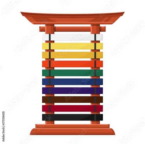 Rack for karate belts isolated vector wooden stand in asian style with multicolored crossbars. Accessory for martial kenpo arts class. Stand for hanging kimono belts, aikido, juijitsu, karate combat