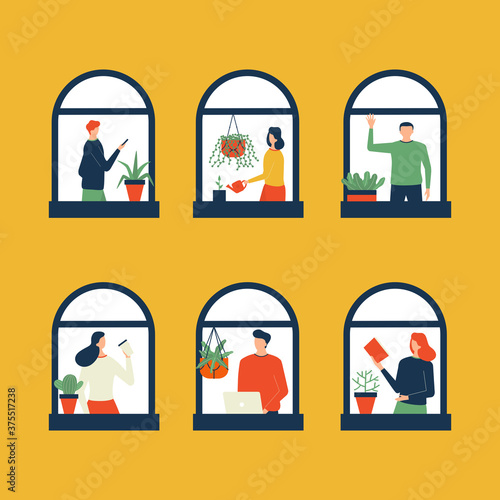 Vector illustration, activities at home concept, work from home, peoples standing at balcony