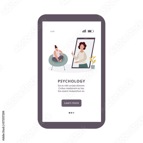 Online psychology app banner with cartoon psychologist on phone screen