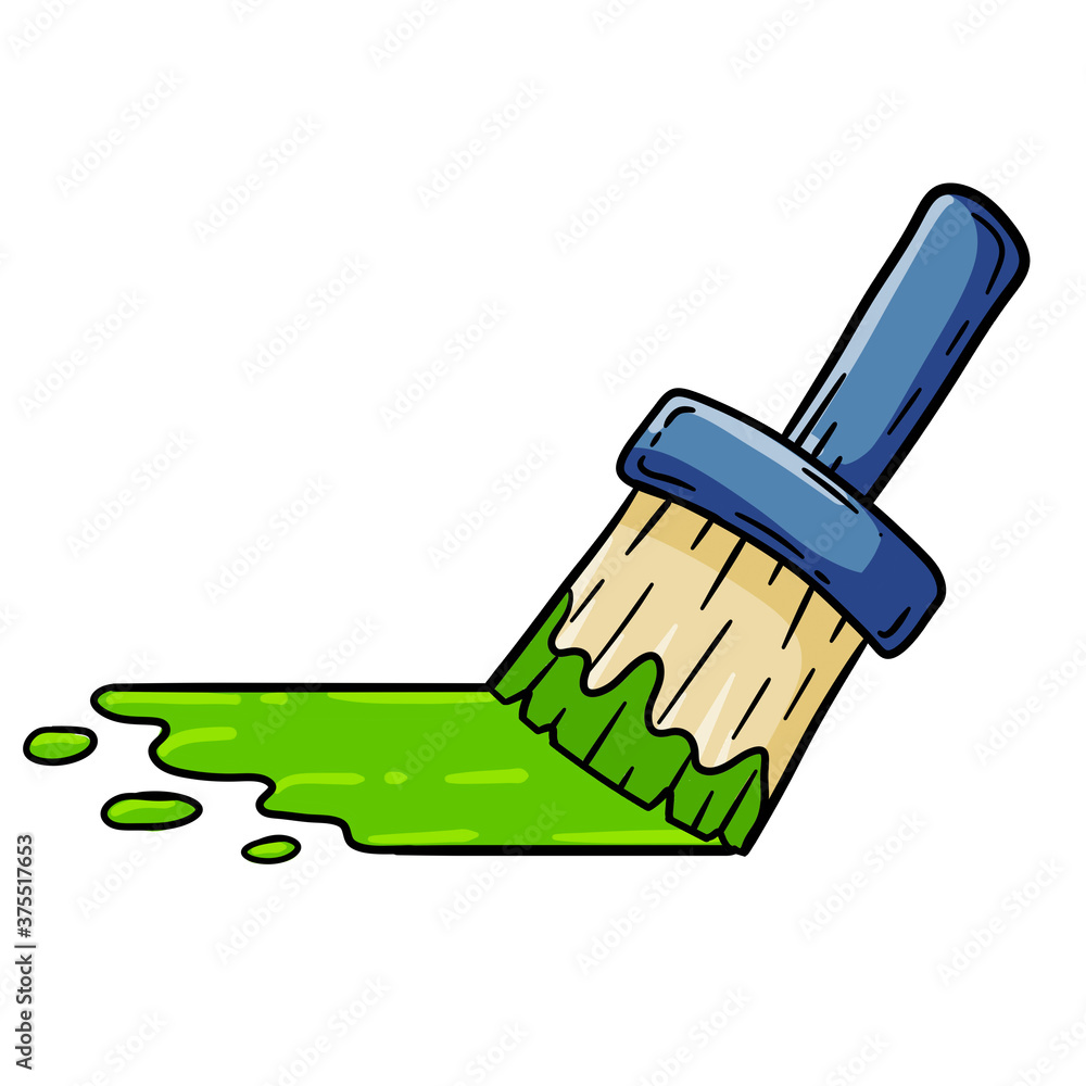 Brush with paint. Green trace of blue tool. Repair and work of painter. Cartoon illsutration isolated on white background. Art and artwork Brush with paint. Green trace of blue tool. Repair and work of painter. Cartoon illsutration isolated on white background. Art and artwork