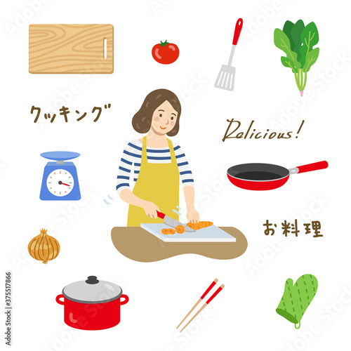 料理をする女性と調理道具セット