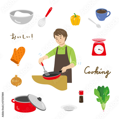 料理をする男性と調理道具セット