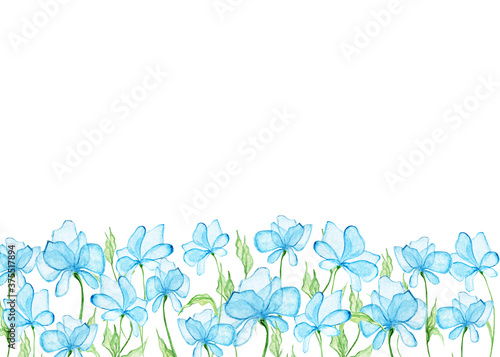 Summer botanical watercolor design banner. Light blue flowers and pale green leaves. Natural card or frame. Floral borders. Place for your text.