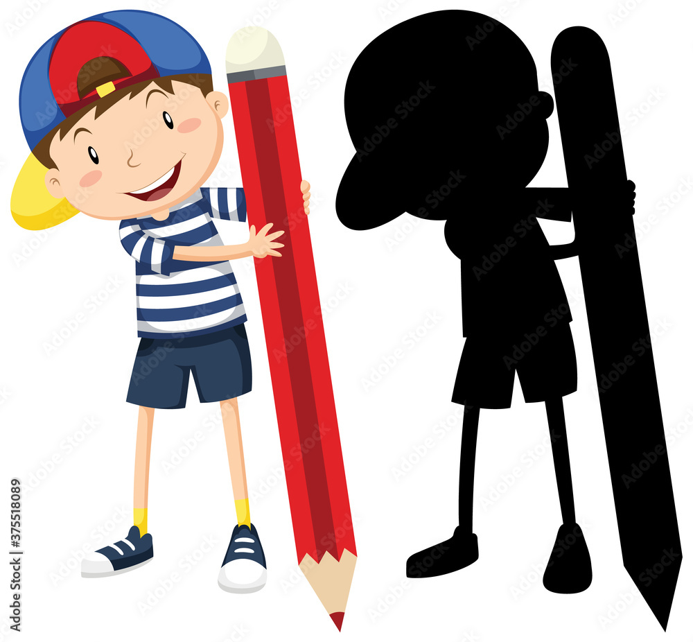Boy with big pencil in color and silhouette Boy with big pencil in color and silhouette