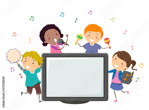 Stickman Kids Perform Karaoke Monitor Illustration