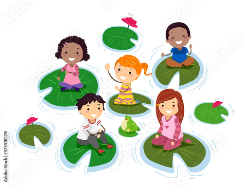 Stickman Kids Pond Sit Lily Pads Frog Illustration