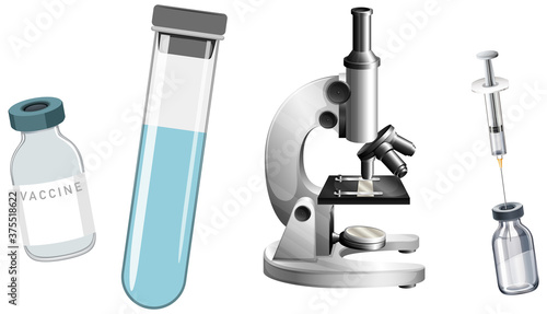 Set of syringes and vials vaccine for anti-coronavirus and microscope