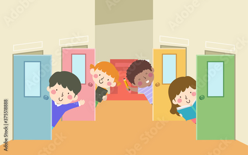 Kids School Hall Peek Doors Illustration