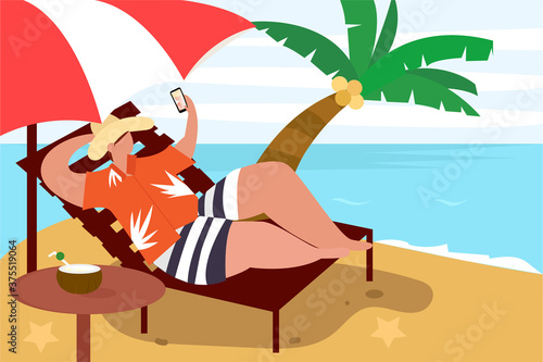 a man sunbathing on the beach. Vector flat style cartoon illustration