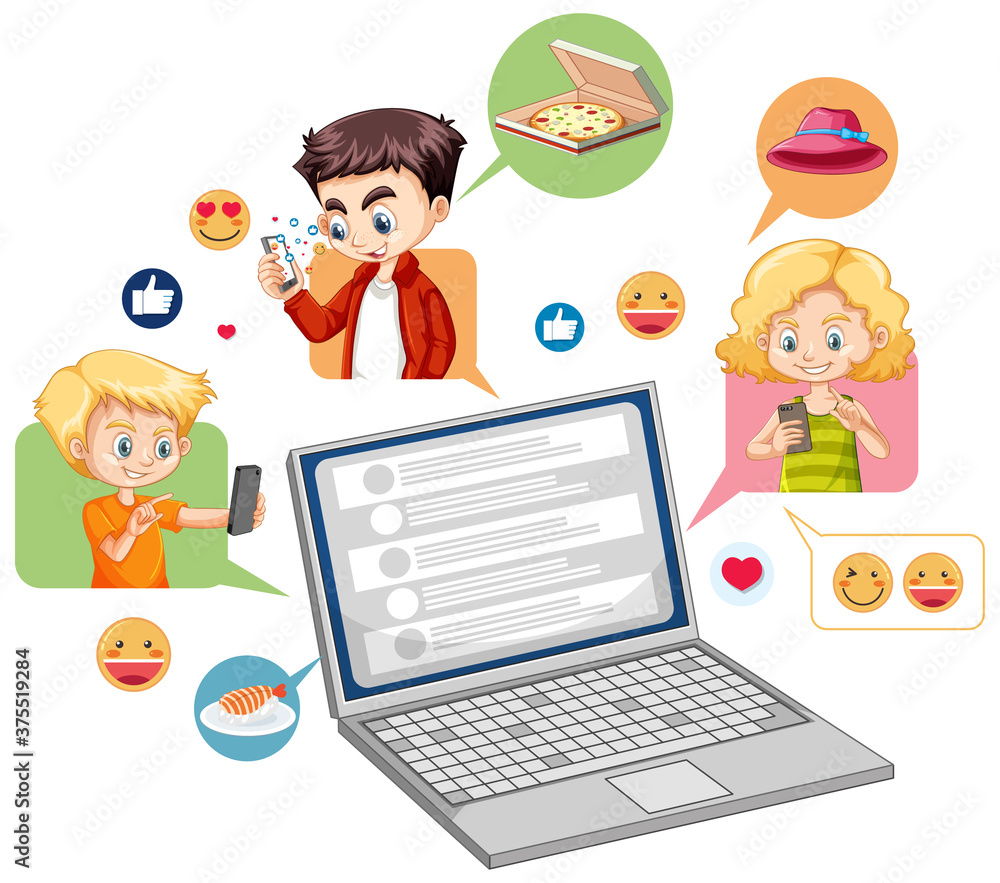 Laptop with social media emoji icon cartoon style isolated on white background Laptop with social media emoji icon cartoon style isolated on white background
