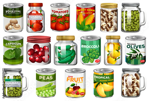 Set of different canned food and food in jars isolated