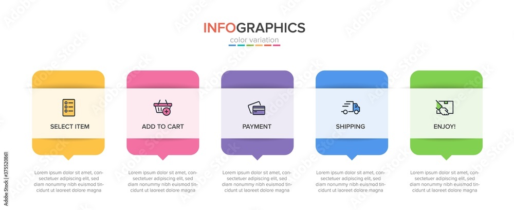Concept of shopping process with 5 successive steps. Five colorful graphic elements. Timeline design for brochure, presentation, web site. Infographic design layout. Concept of shopping process with 5 successive steps. Five colorful graphic elements. Timeline design for brochure, presentation, web site. Infographic design layout.