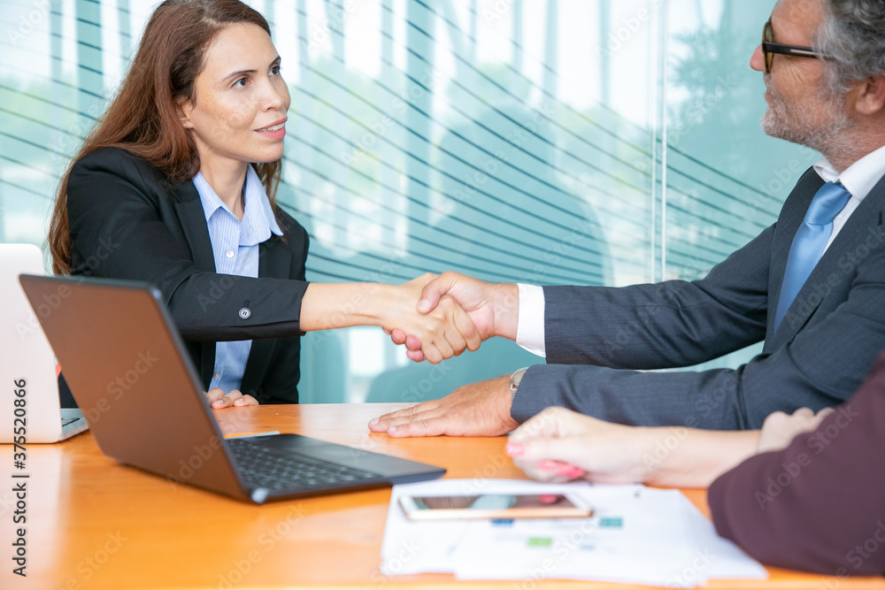 Serious businesspeople greeting each other and smiling. Confident CEO and businesswoman talking and sitting at table with laptop and documents in conference room. Business and management concept Serious businesspeople greeting each other and smiling. Confident CEO and businesswoman talking and sitting at table with laptop and documents in conference room. Business and management concept
