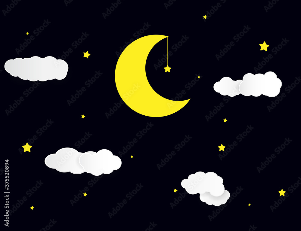 night sky with stars and moon. paper art style.Vector of a crescent moon with stars on a cloudy night sky.
Moon and stars background.Vector EPS 10.