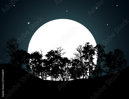moon and tree.night sky with full moon, stars and silhouette of pine trees.Vector night landscape. Stars, moon, panorama, gloomy forest.
