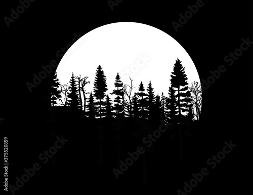 moon and tree.night sky with full moon, stars and silhouette of pine trees.Vector night landscape. Stars, moon, panorama, gloomy forest.
