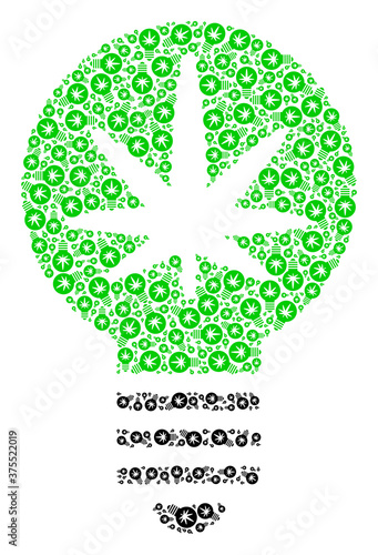 Vector cannabis innovation bulb mosaic is composed of scattered recursive cannabis innovation bulb parts. Recursive composition of cannabis innovation bulb.